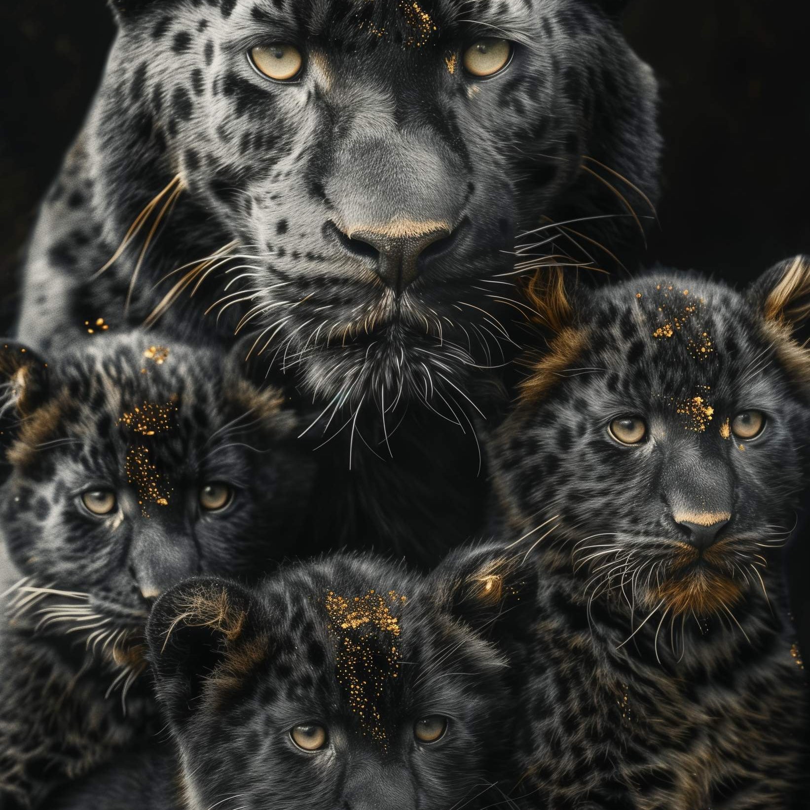 Glasschilderij - Exclusive - Staand - Panterfamilie 3 Welpen, Waakzaam - Gouden Eeuw Serie 100x150x0.4 cm