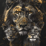 Glasschilderij - Exclusive - Staand - Leeuwenfamilie 2 Welpjes, het Zand - Gouden Eeuw Serie 100x150x0.4 cm