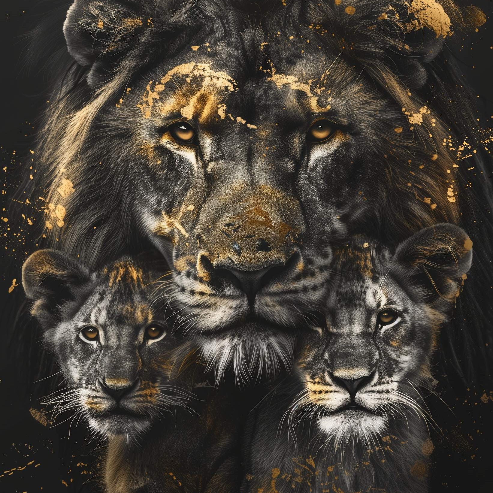 Glasschilderij - Exclusive - Staand - Leeuwenfamilie 2 Welpjes, het Zand - Gouden Eeuw Serie 100x150x0.4 cm