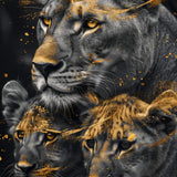 Glasschilderij - Exclusive - Staand - Leeuwenfamilie Moeder 2 Welpjes, de Levensboom - Gouden Eeuw Serie 100x150x0.4 cm