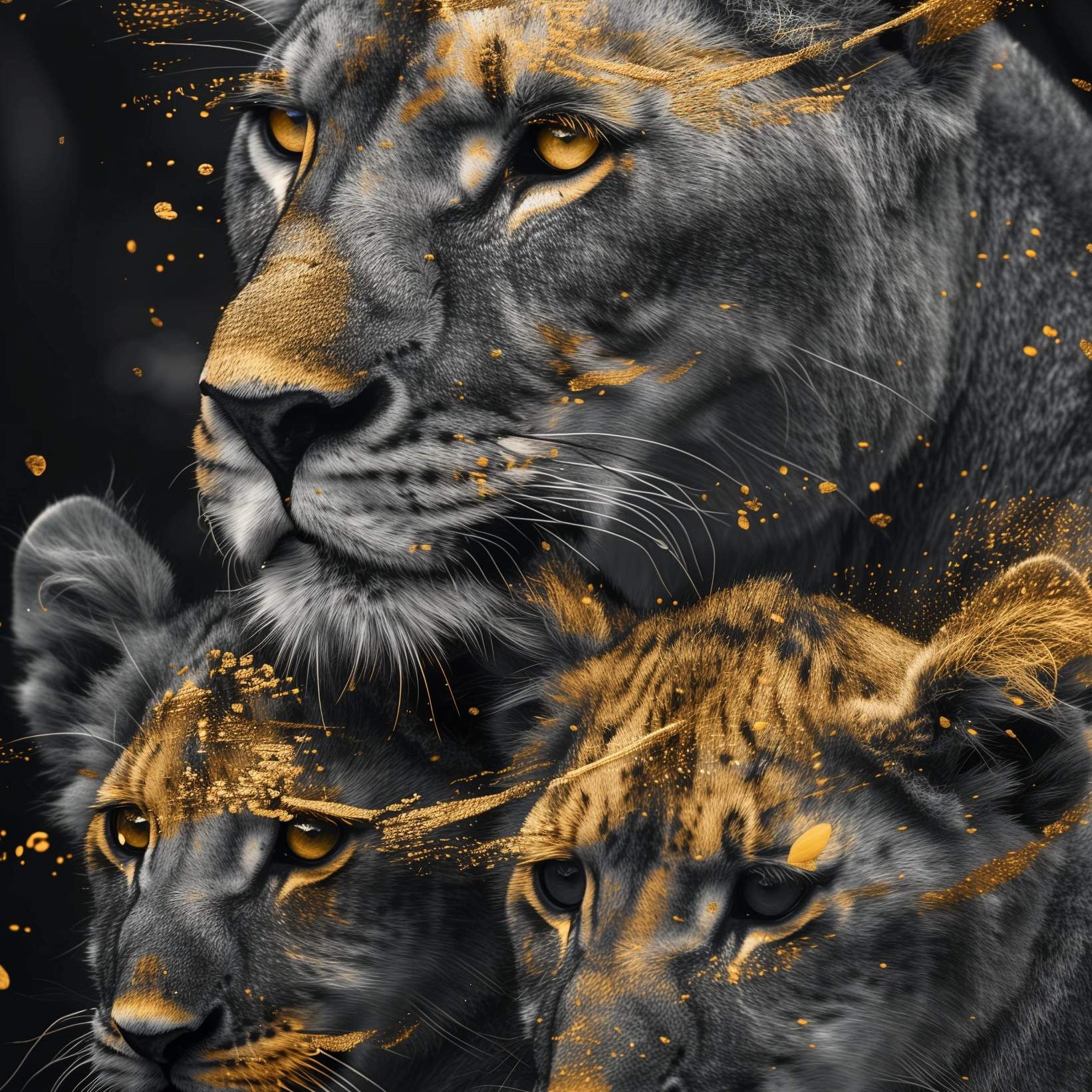 Glasschilderij - Exclusive - Staand - Leeuwenfamilie Moeder 2 Welpjes, de Levensboom - Gouden Eeuw Serie 100x150x0.4 cm