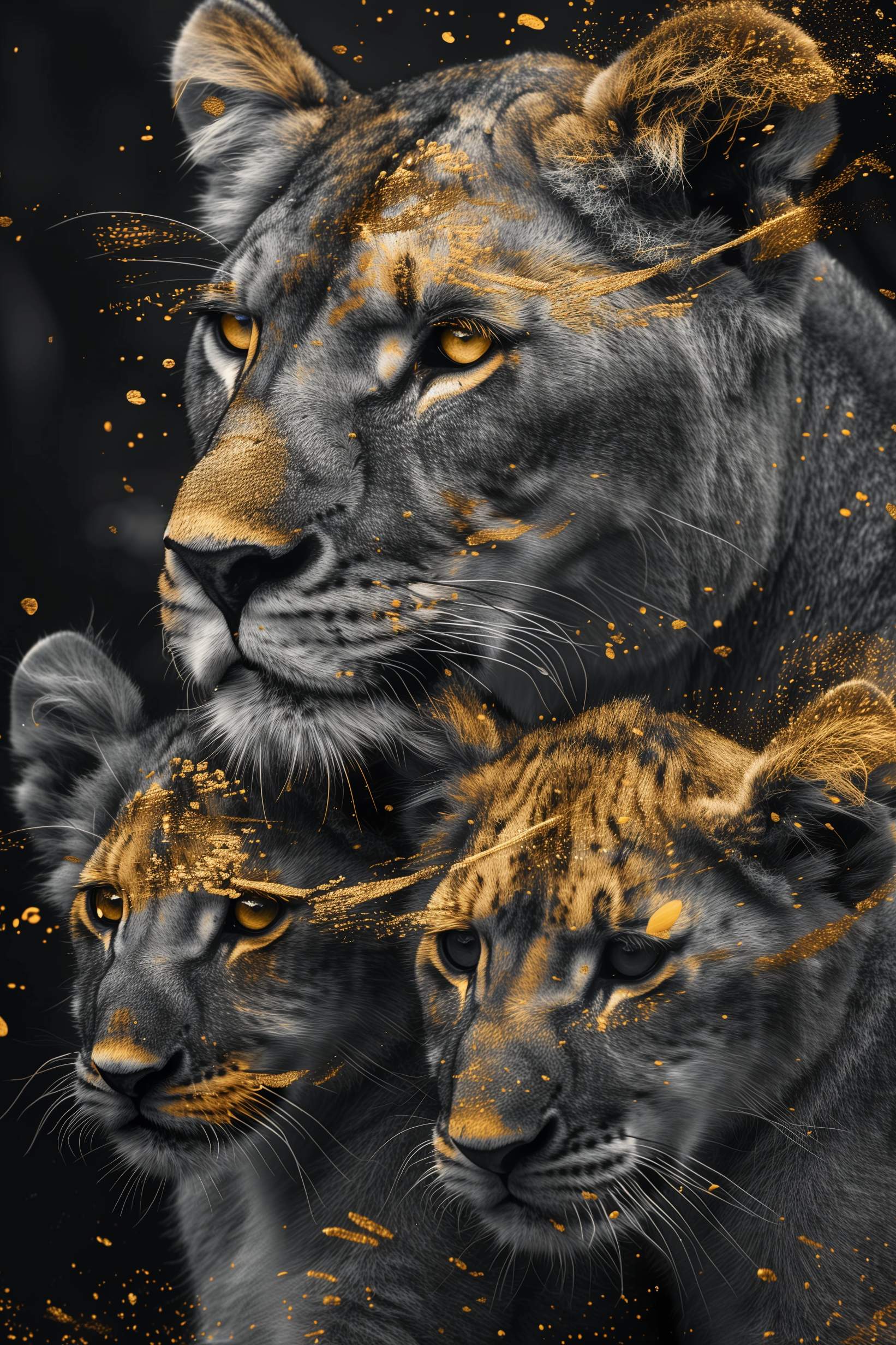 Glasschilderij - Exclusive - Staand - Leeuwenfamilie Moeder 2 Welpjes, de Levensboom - Gouden Eeuw Serie 100x150x0.4 cm