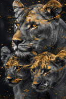 Glasschilderij - Exclusive - Staand - Leeuwenfamilie Moeder 2 Welpjes, de Levensboom - Gouden Eeuw Serie 100x150x0.4 cm