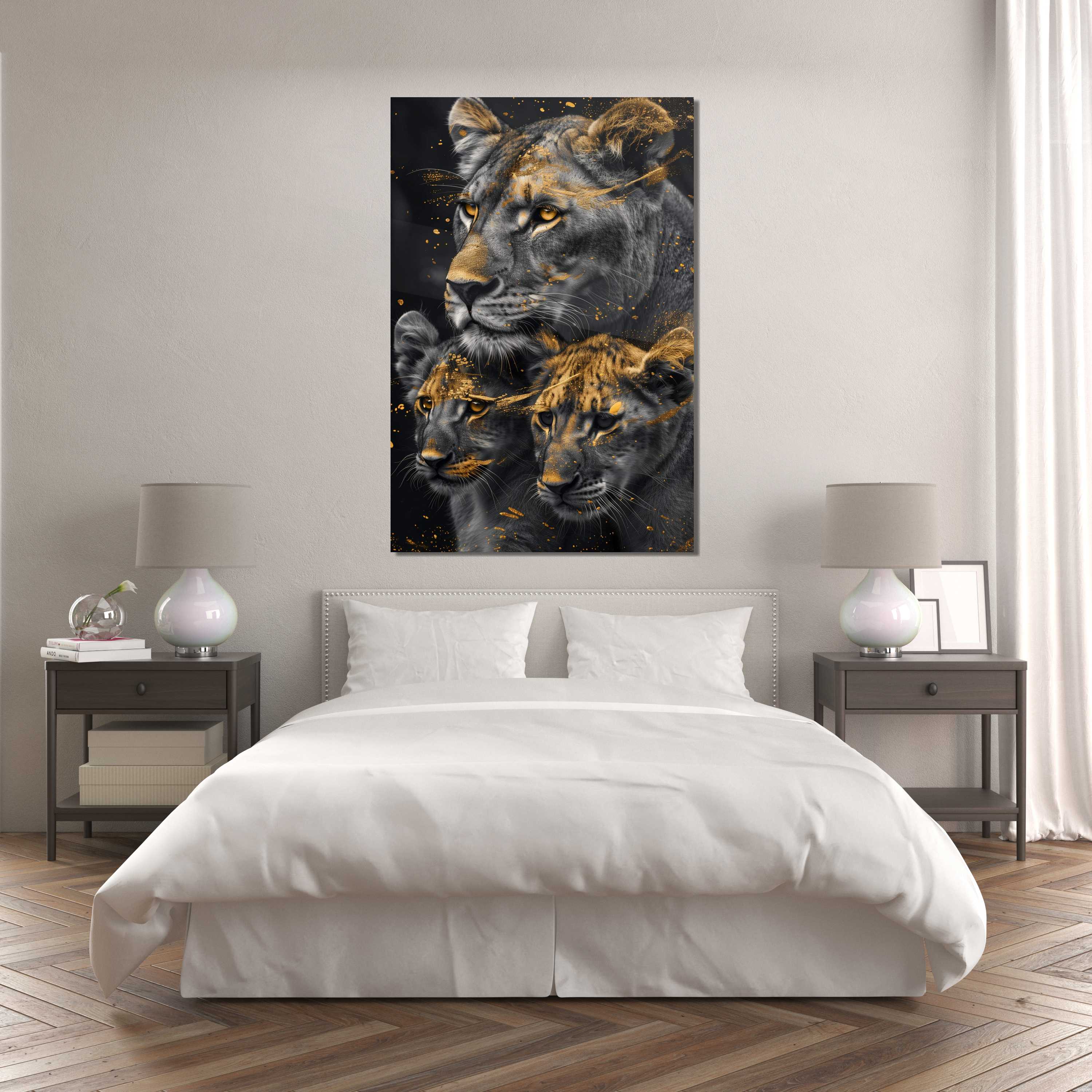 Glasschilderij - Exclusive - Staand - Leeuwenfamilie Moeder 2 Welpjes, de Levensboom - Gouden Eeuw Serie