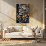 Glasschilderij - Exclusive - Staand - Leeuwenfamilie Moeder 2 Welpjes, de Levensboom - Gouden Eeuw Serie