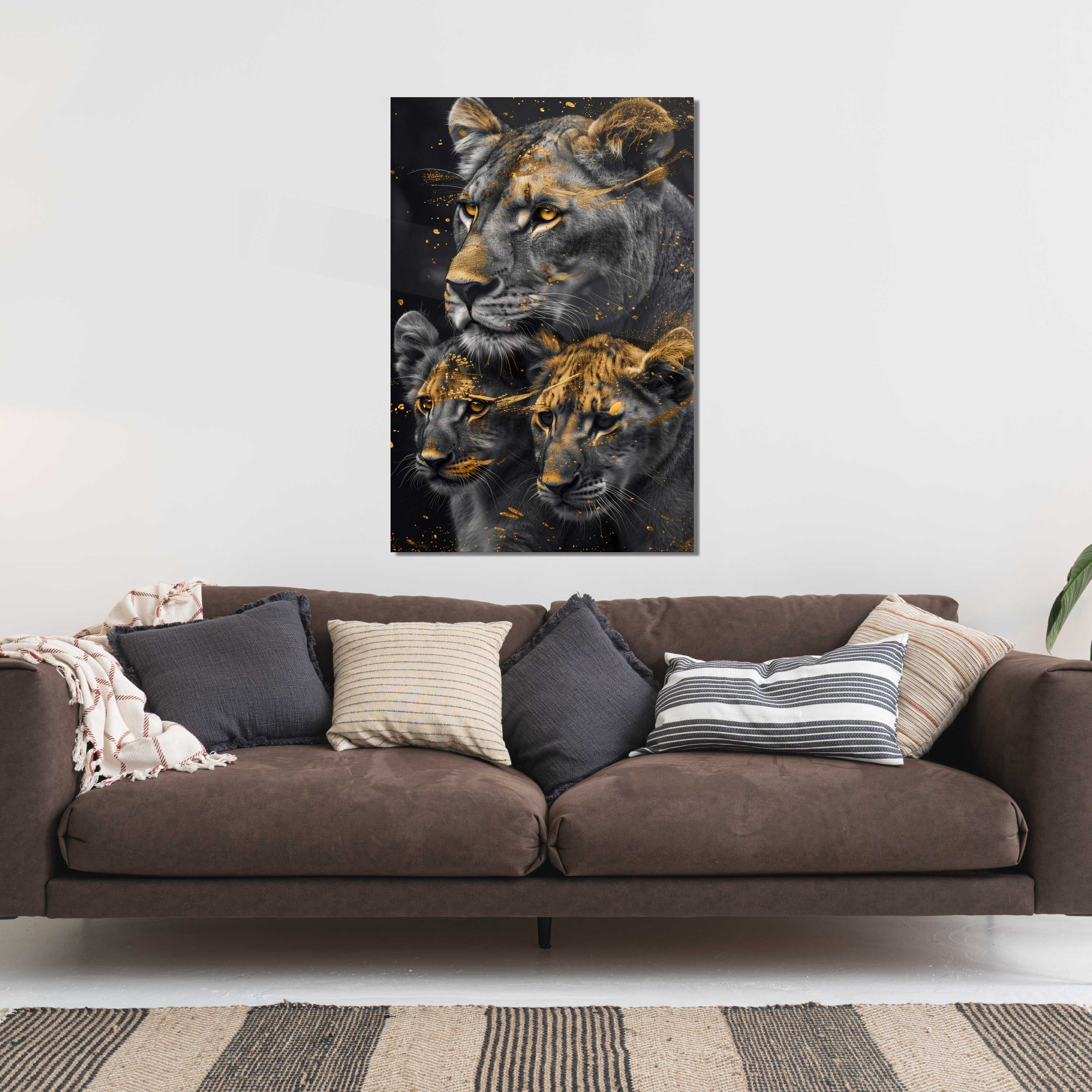 Glasschilderij - Exclusive - Staand - Leeuwenfamilie Moeder 2 Welpjes, de Levensboom - Gouden Eeuw Serie