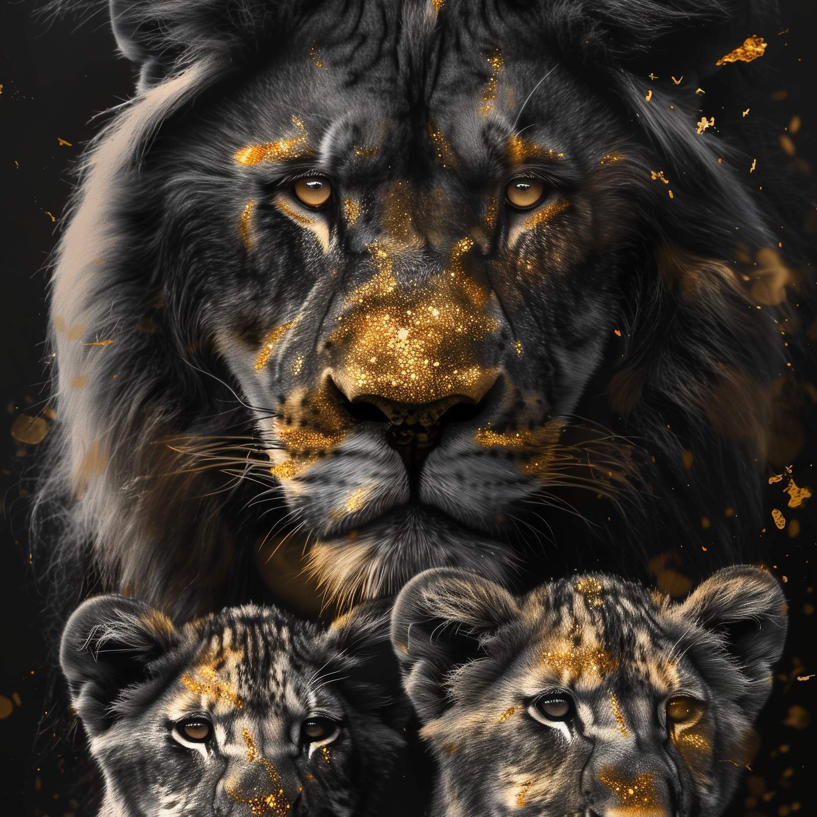 Glasschilderij - Exclusive - Staand - Leeuwenfamilie 2 Welpjes, Middernacht - Gouden Eeuw Serie 100x150x0.4 cm