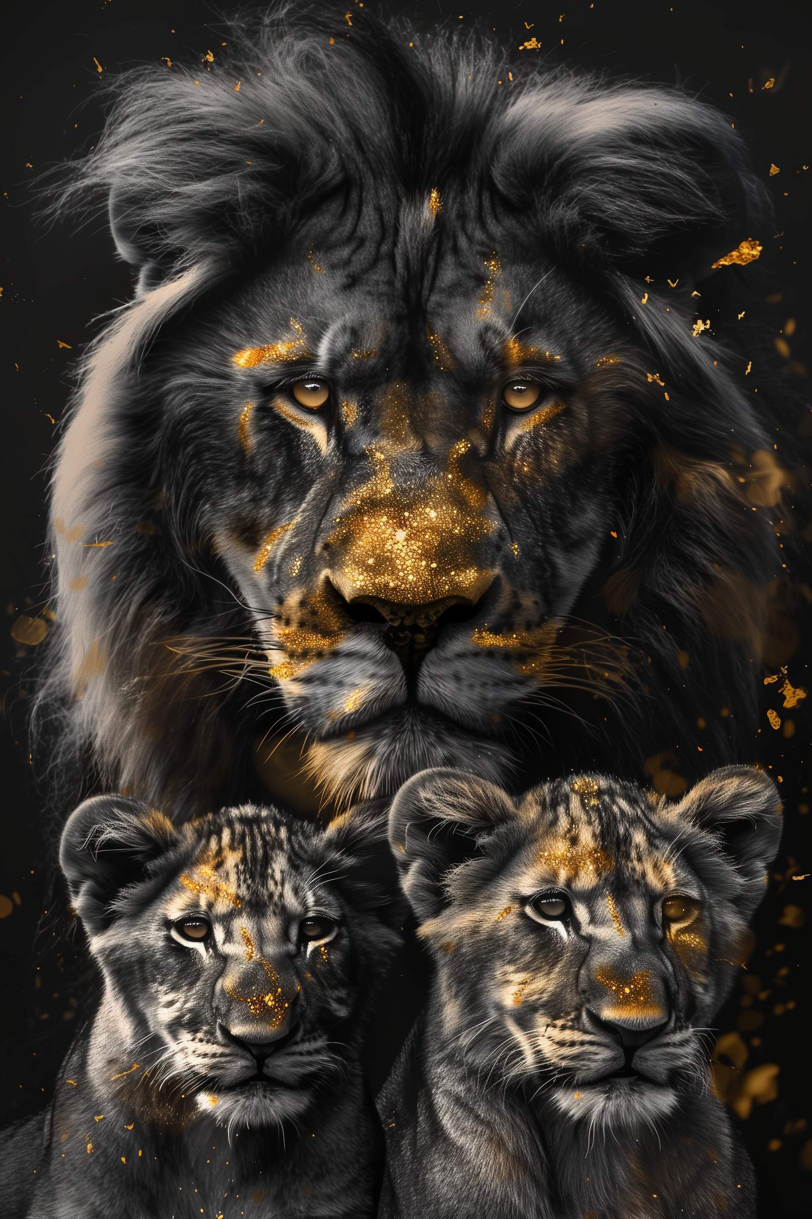 Glasschilderij - Exclusive - Staand - Leeuwenfamilie 2 Welpjes, Middernacht - Gouden Eeuw Serie 100x150x0.4 cm