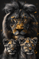 Glasschilderij - Exclusive - Staand - Leeuwenfamilie 2 Welpjes, Middernacht - Gouden Eeuw Serie 100x150x0.4 cm