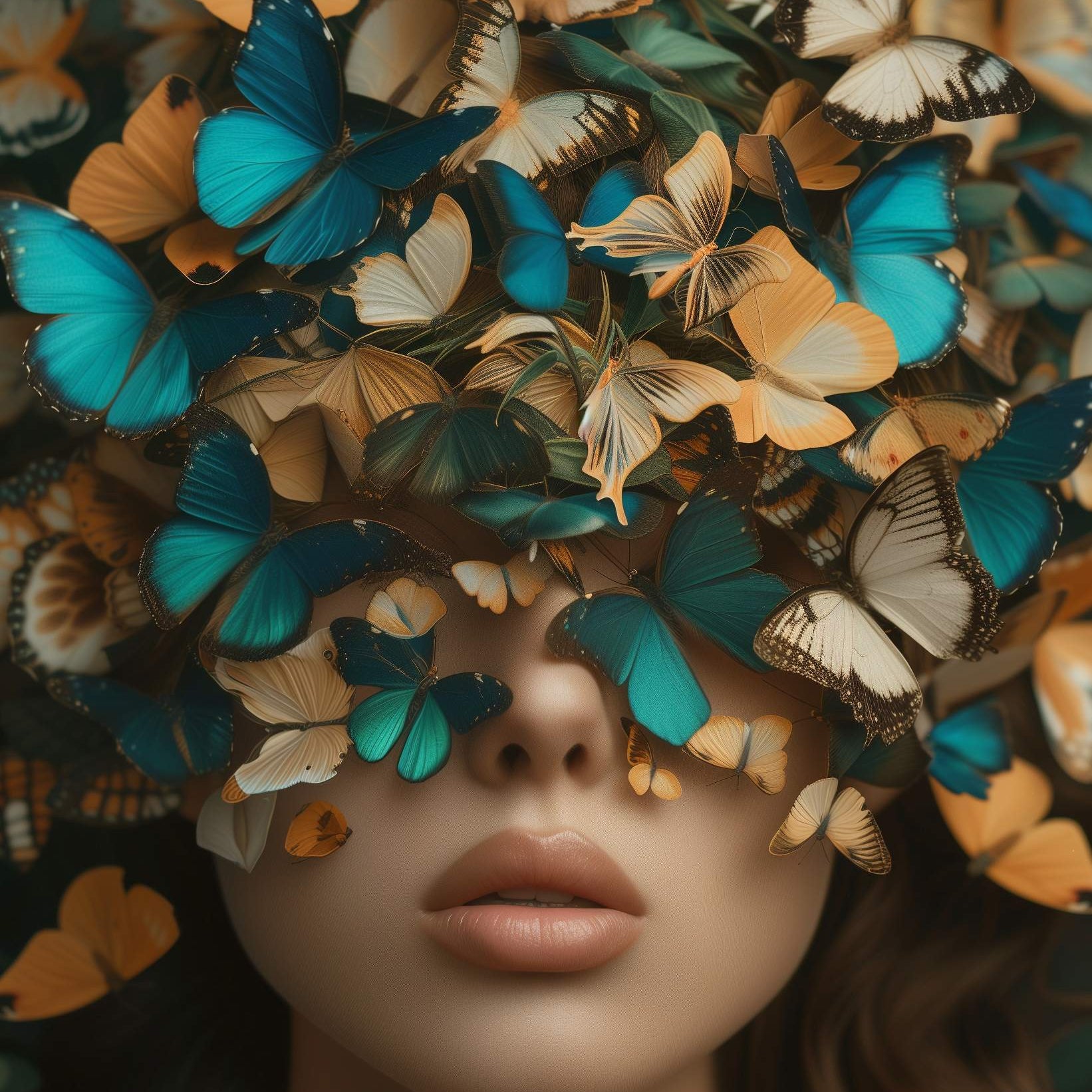 Glasschilderij - Exclusive - Staand - Vrouw met Vlinders Palmen 100x150x0.4 cm