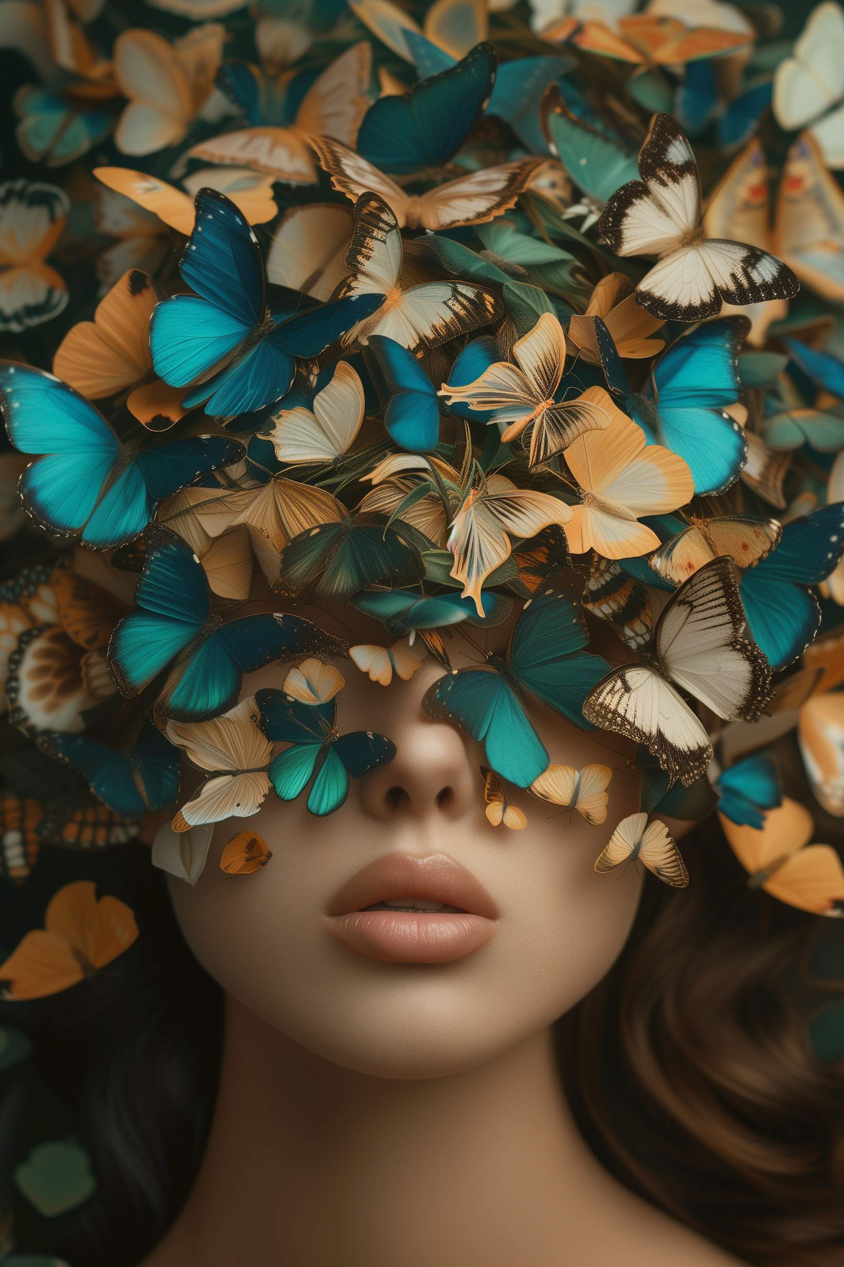 Glasschilderij - Exclusive - Staand - Vrouw met Vlinders Palmen 100x150x0.4 cm