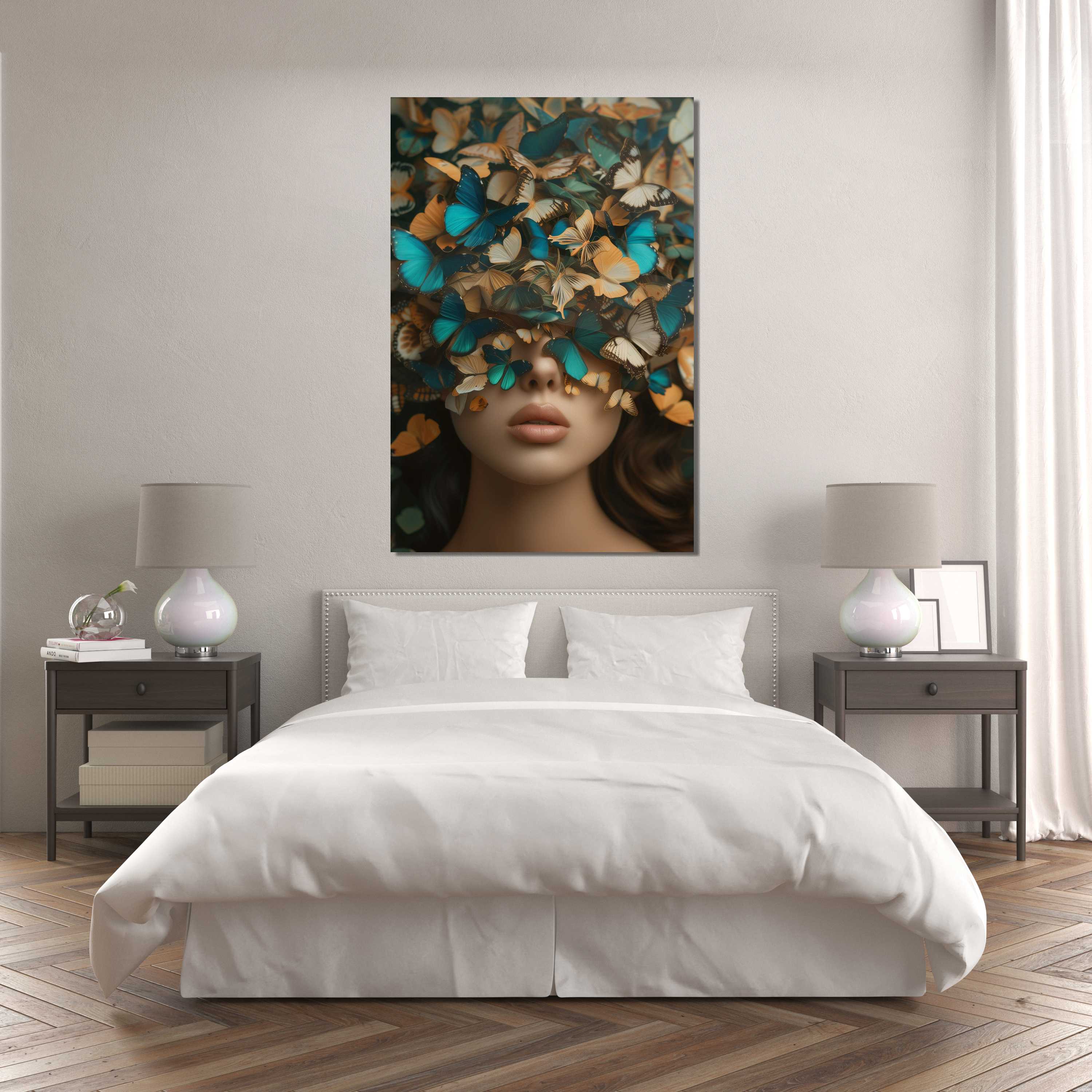 Glasschilderij - Exclusive - Staand - Vrouw met Vlinders Palmen