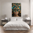 Glasschilderij - Exclusive - Staand - Vrouw met Vlinders Palmen