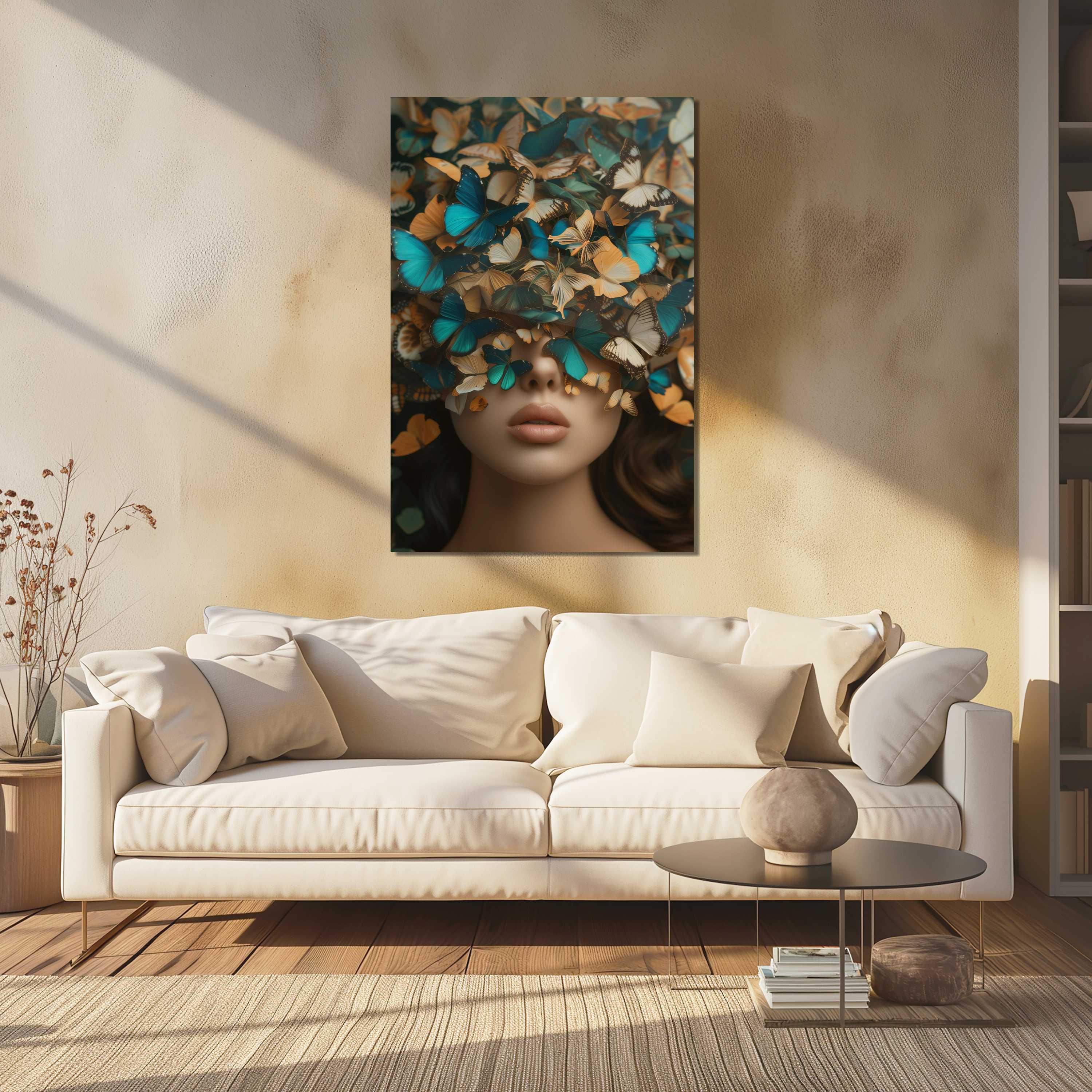 Glasschilderij - Exclusive - Staand - Vrouw met Vlinders Palmen