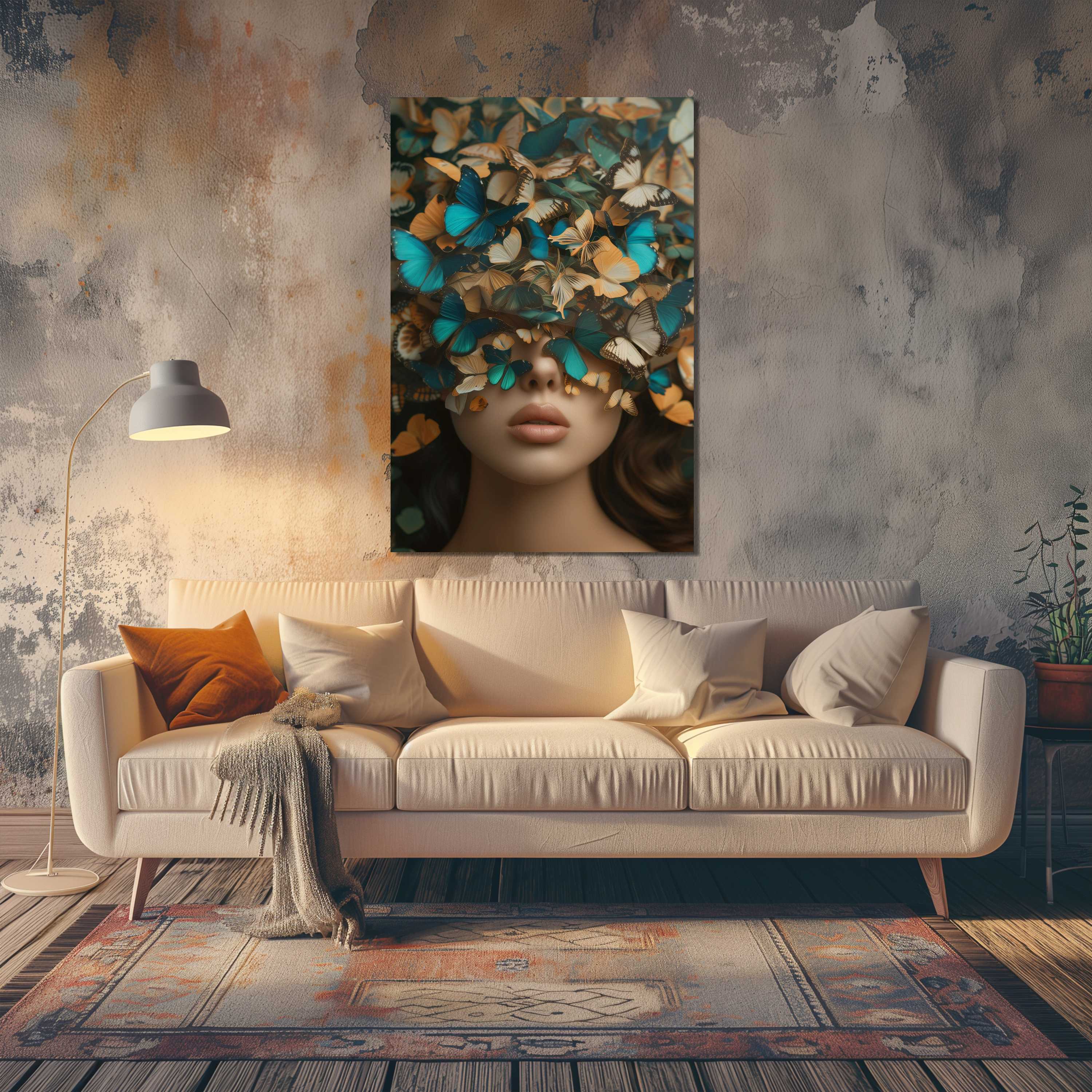 Glasschilderij - Exclusive - Staand - Vrouw met Vlinders Palmen