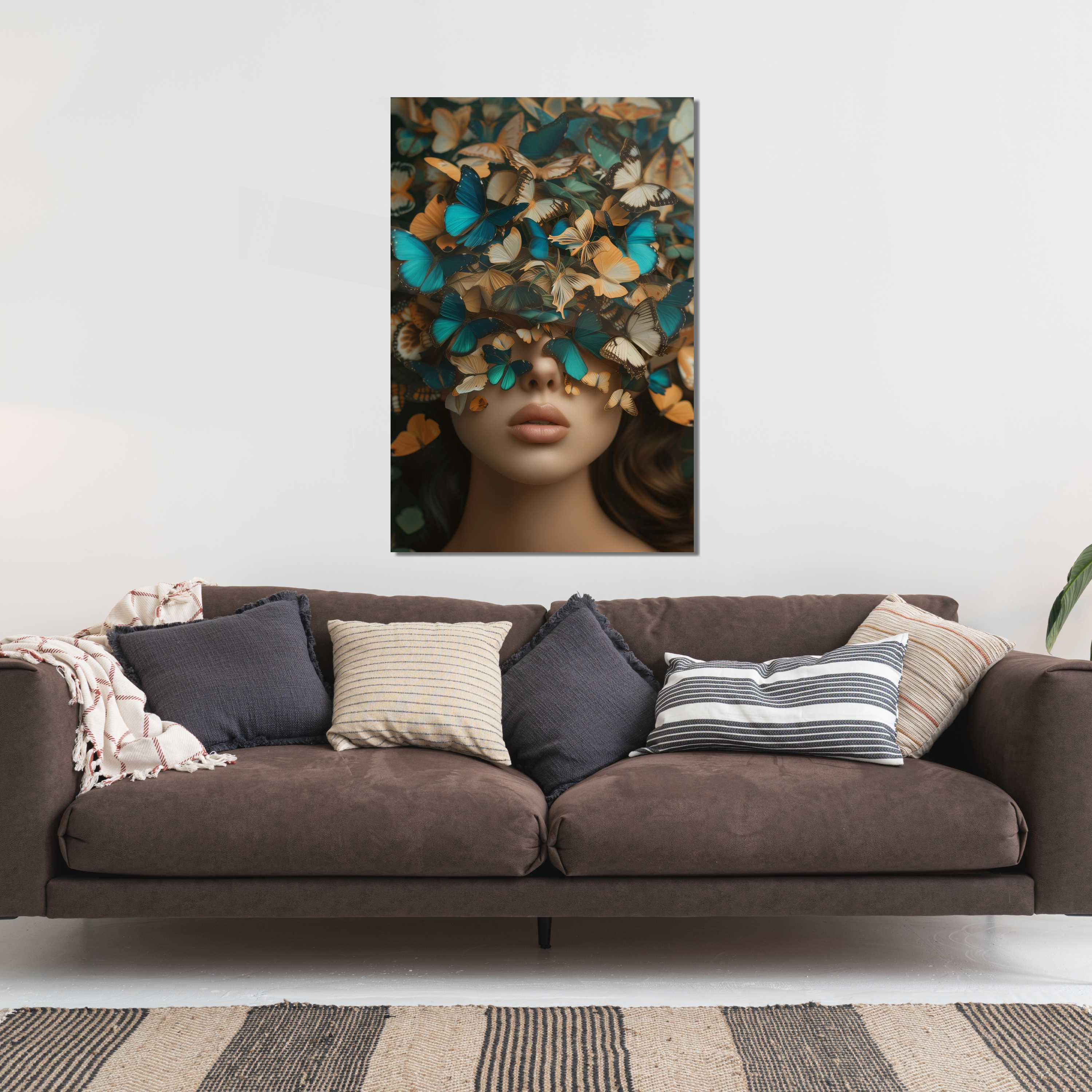 Glasschilderij - Exclusive - Staand - Vrouw met Vlinders Palmen