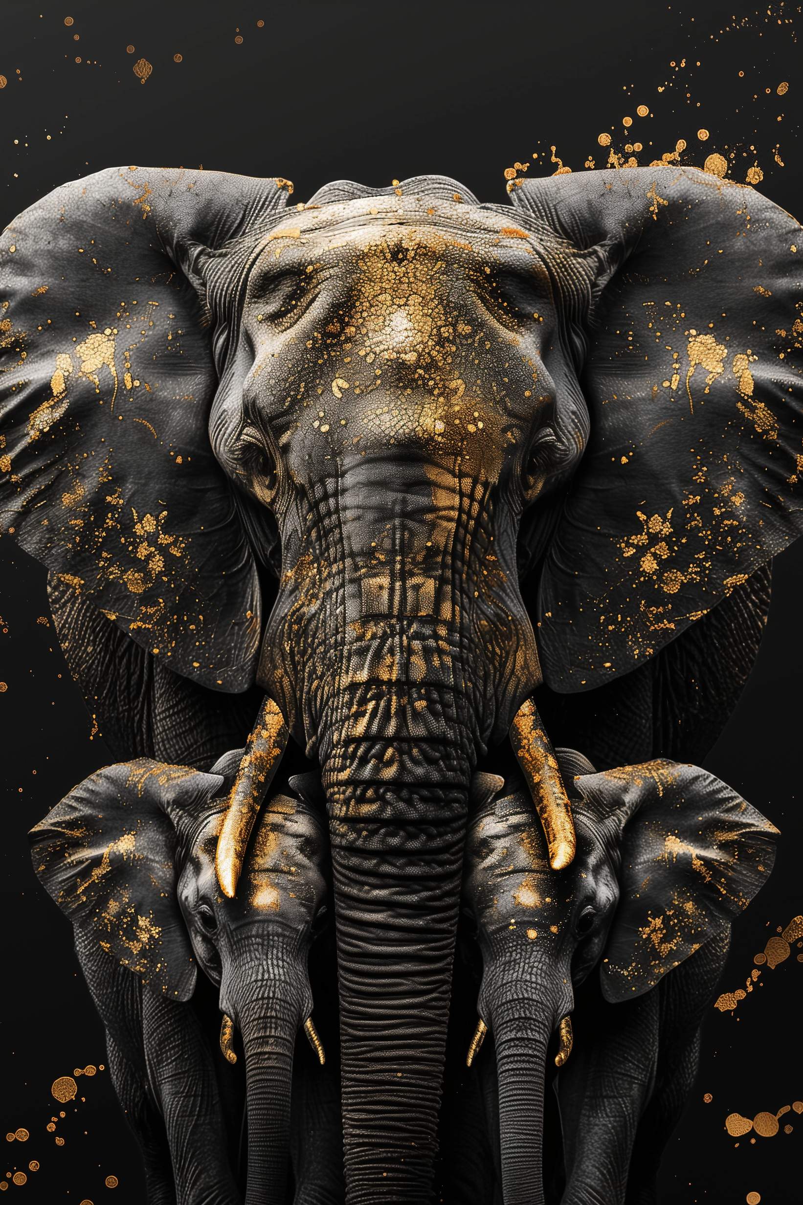 Glasschilderij - Exclusive - Staand - Olifantenfamilie 2 Kalfjes - Gouden Eeuw Serie 100x150x0.4 cm