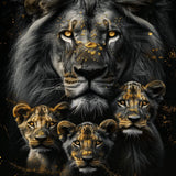 Glasschilderij - Exclusive - Staand - Leeuwenfamilie 3 Welpjes, de Oude Rovers - Gouden Eeuw Serie 100x150x0.4 cm