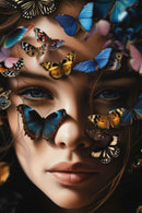 Glasschilderij - Exclusive - Staand - Vrouw met Vlinders Grasland 100x150x0.4 cm