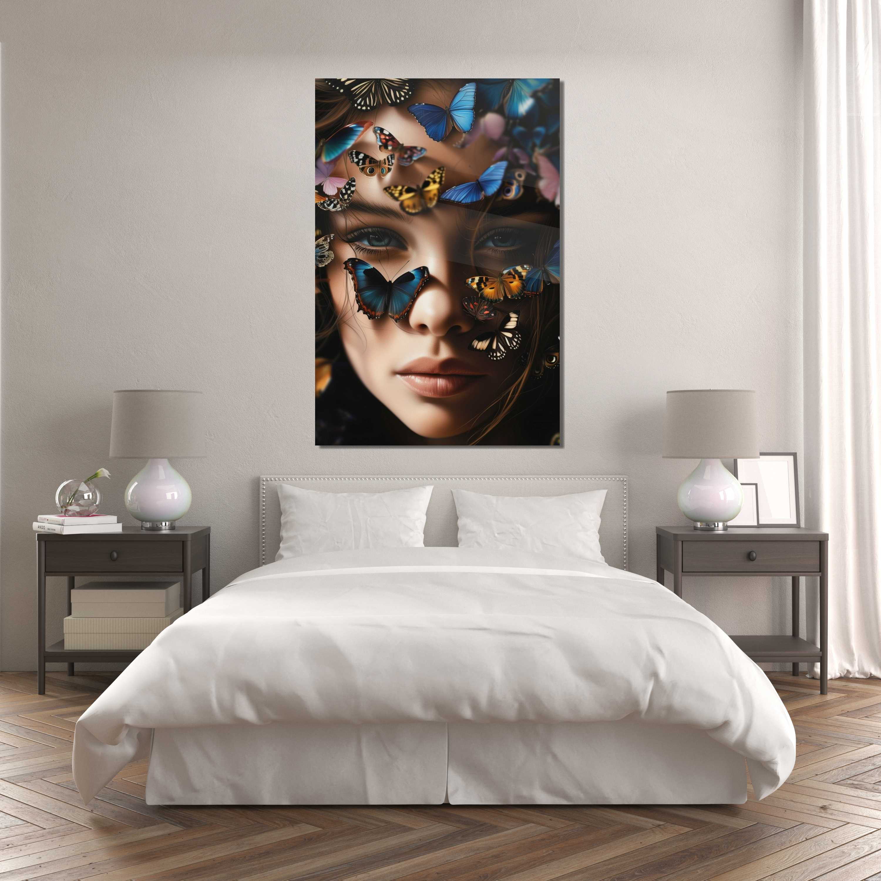 Glasschilderij - Exclusive - Staand - Vrouw met Vlinders Grasland