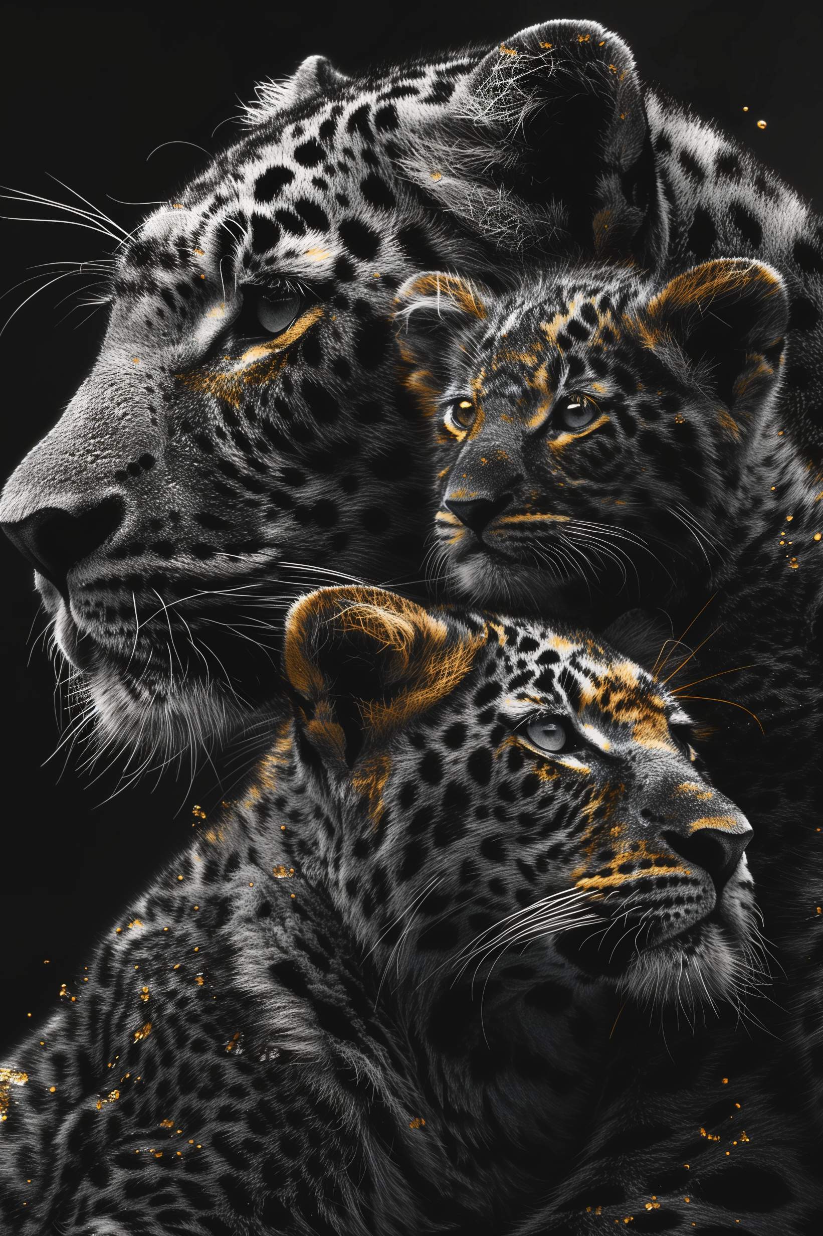 Glasschilderij - Exclusive - Staand - Panter 2 Welpen, Schildwachten - Gouden Eeuw Serie 100x150x0.4 cm