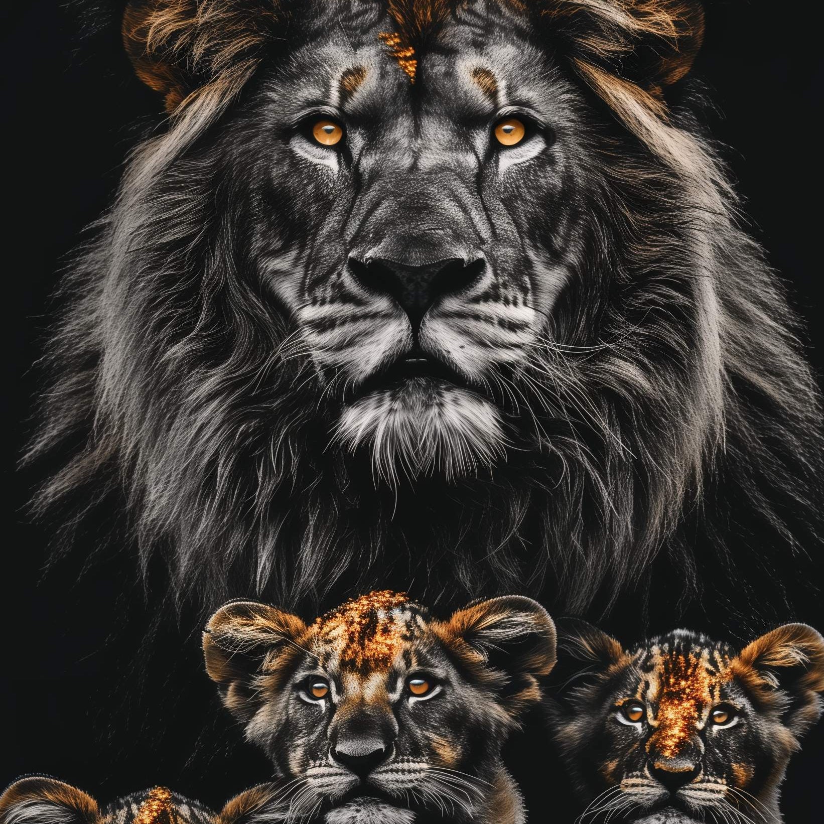 Glasschilderij - Exclusive - Staand - Leeuwenfamilie 3 Welpjes, de Vlakte - Gouden Eeuw Serie 100x150x0.4 cm