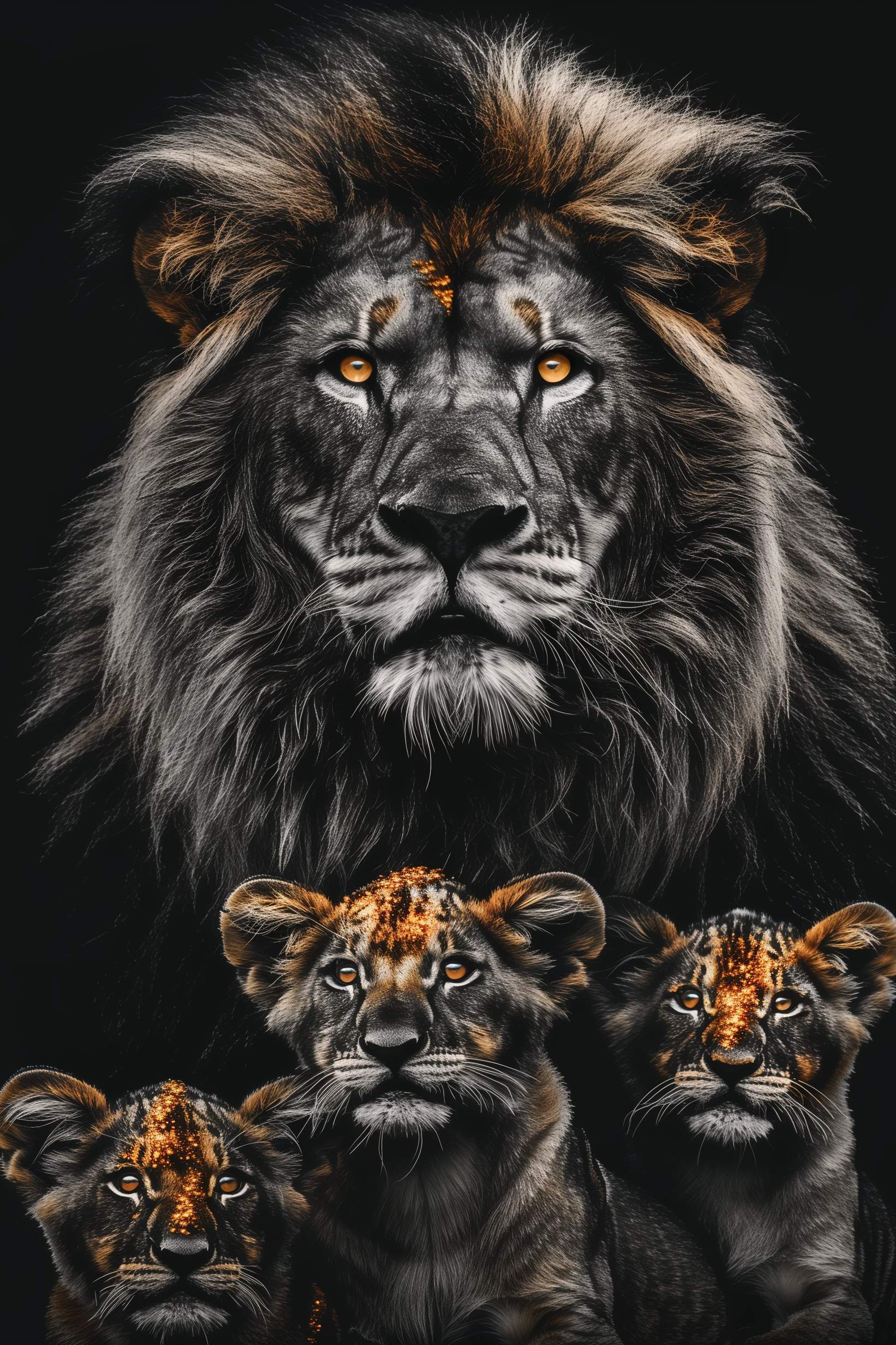 Glasschilderij - Exclusive - Staand - Leeuwenfamilie 3 Welpjes, de Vlakte - Gouden Eeuw Serie 100x150x0.4 cm