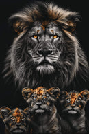 Glasschilderij - Exclusive - Staand - Leeuwenfamilie 3 Welpjes, de Vlakte - Gouden Eeuw Serie 100x150x0.4 cm